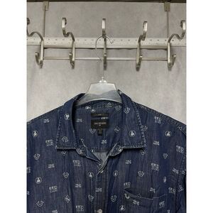 True Religion Shirt Men 3XL Slim Linen Blend Chambray AOP Logo Button Up Mono‎